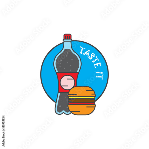 Soda and cheezburger, taste it,Bottle and fast food,street food,vector image, flat design,carbonated drink,soft drinks,plastic bottle and sweet drink photo