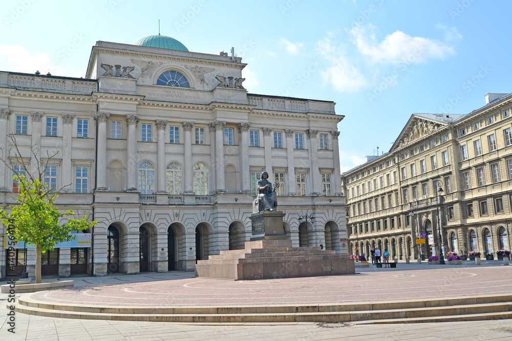 WARSAW, POLAND.Building of the Polish academy of Sciences (Stashits's palace) and monument to Nicolaus Copernicus