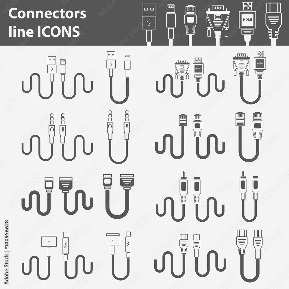 Data transfer jack cables. Smartphone, PC, laptop and tablet support cables. Line vector icons in flat design. Audio, Video, Power and Data connectors. Minimalistic background Data transfer jack cables. Smartphone, PC, laptop and tablet support cables. Line vector icons in flat design. Audio, Video, Power and Data connectors. Minimalistic background