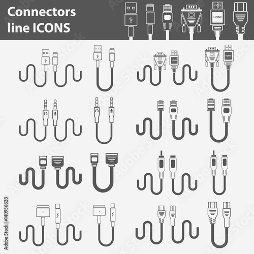 Data transfer jack cables. Smartphone, PC, laptop and tablet support cables. Line vector icons in flat design. Audio, Video, Power and Data connectors. Minimalistic background