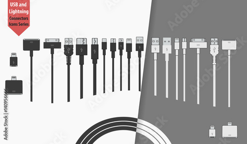 cables and adapters isolated on black and white background. vector jack icons design. computer peripherals connector or smartphone recharge supply. set of usb and lightning interfaces