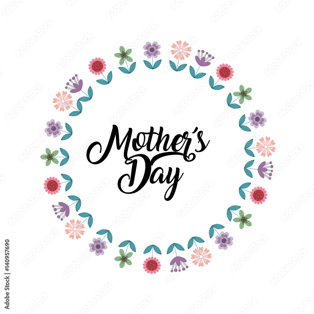 happy mother's day card with beautiful  wreath of flowers over white background. colorful design. vector illustration