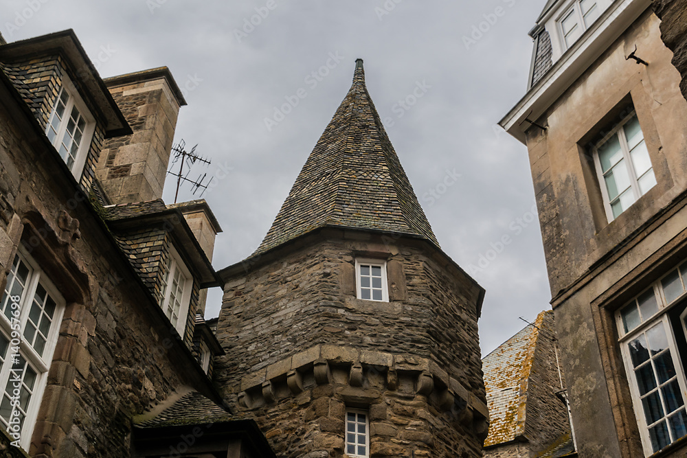 Street View of ancient city Saint-Malo. English Channel. France.
