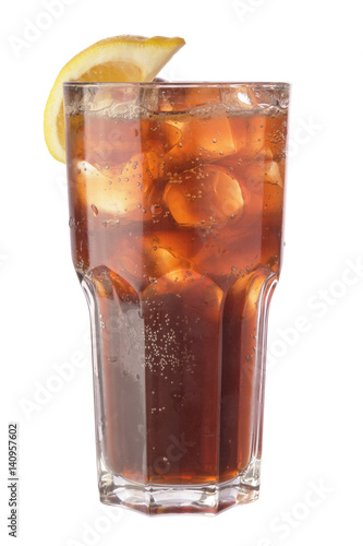 Cola in glass with ice cubes and slice of lemon. Isolated on white background including clipping path