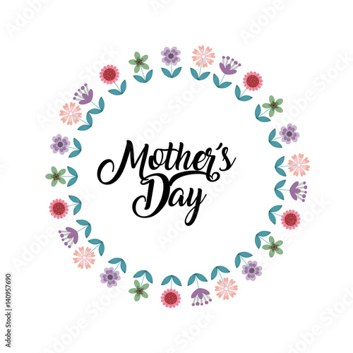 happy mother's day card with beautiful wreath of flowers over white background. colorful design. vector illustration