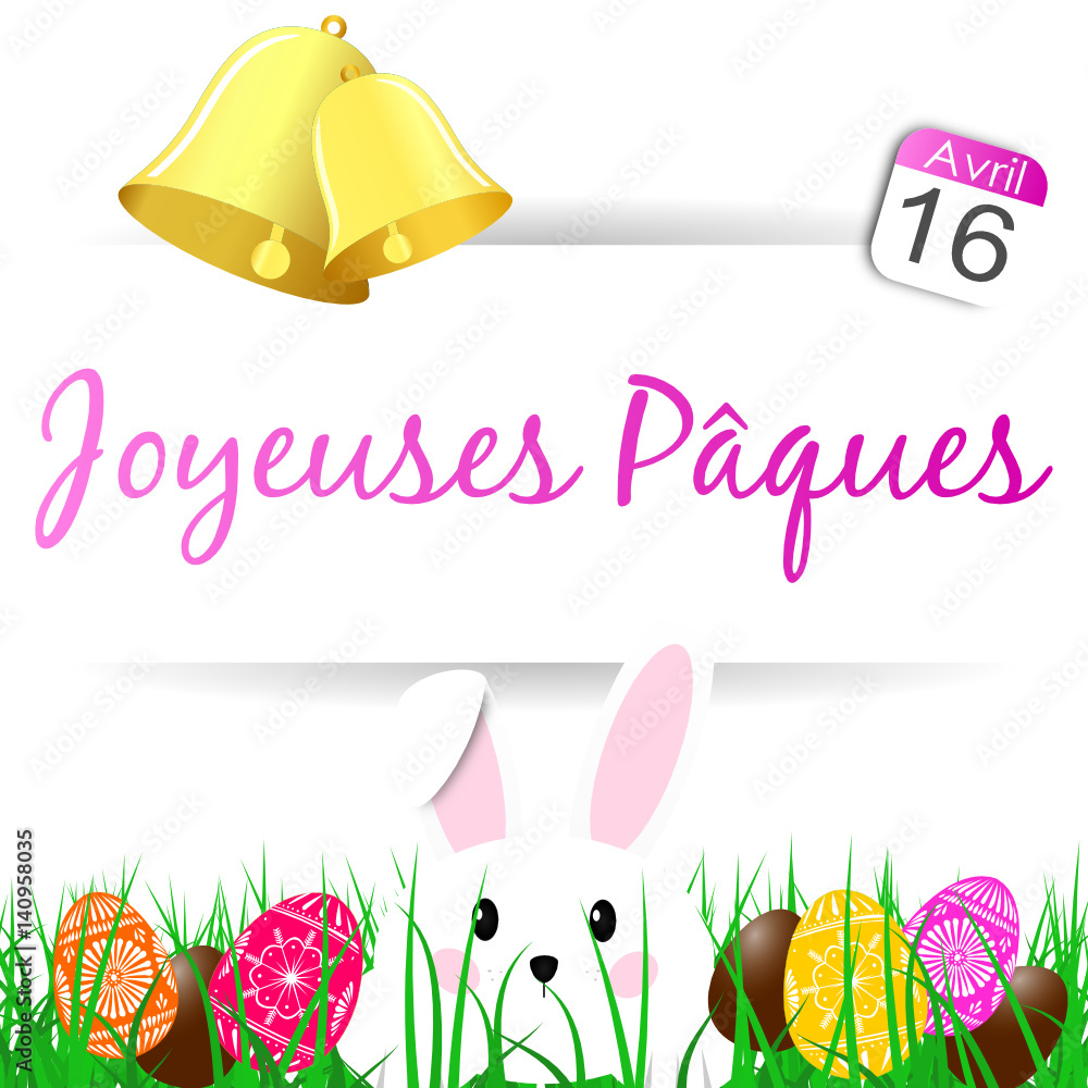 Fototapeta premium joyeuses pâques 16 avril - lapin - oeufs - cloches