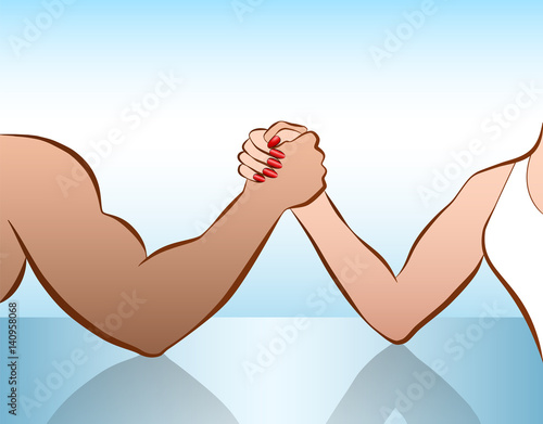 Man and woman arm wrestling of as a symbol for battle of the sexes or gender fight. Isolated vector illustration on white background.