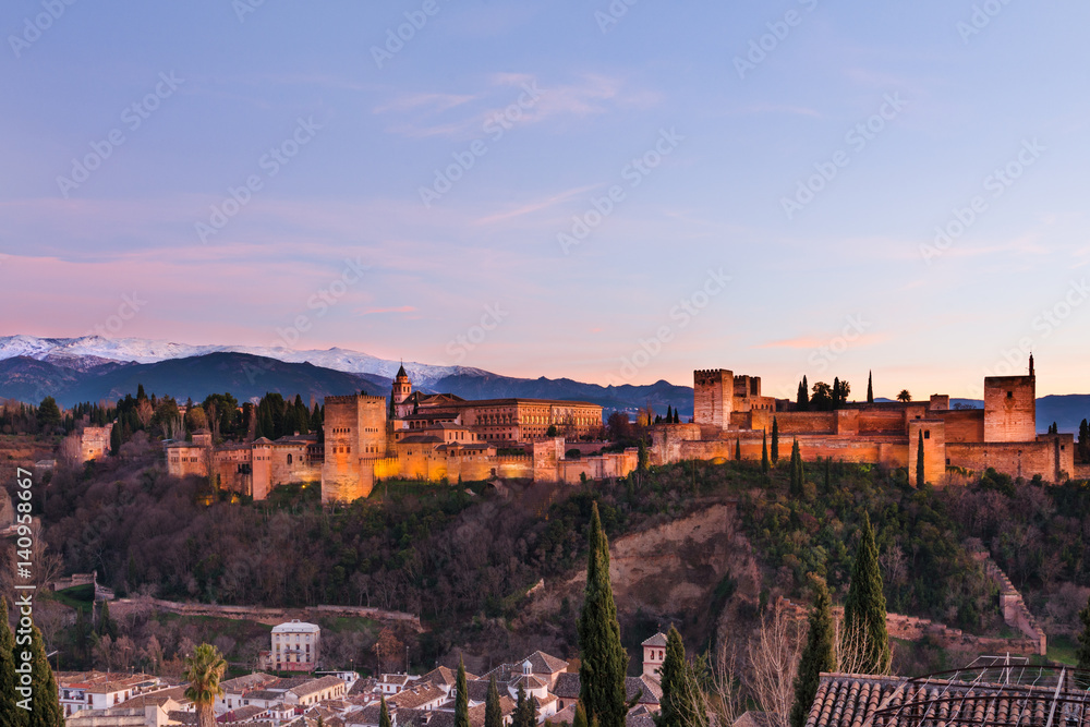 Beautiful Alhambra palace, Albacyn and surrounding mountains in Granada, Spain