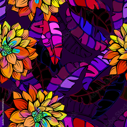 Fototapeta Naklejka Na Ścianę i Meble -  Seamless abstract tropical flower pattern in contrasting bright and dark tones
