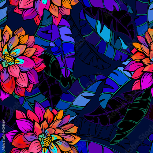 Fototapeta Naklejka Na Ścianę i Meble -  Seamless abstract tropical flower pattern in contrasting bright and dark tones