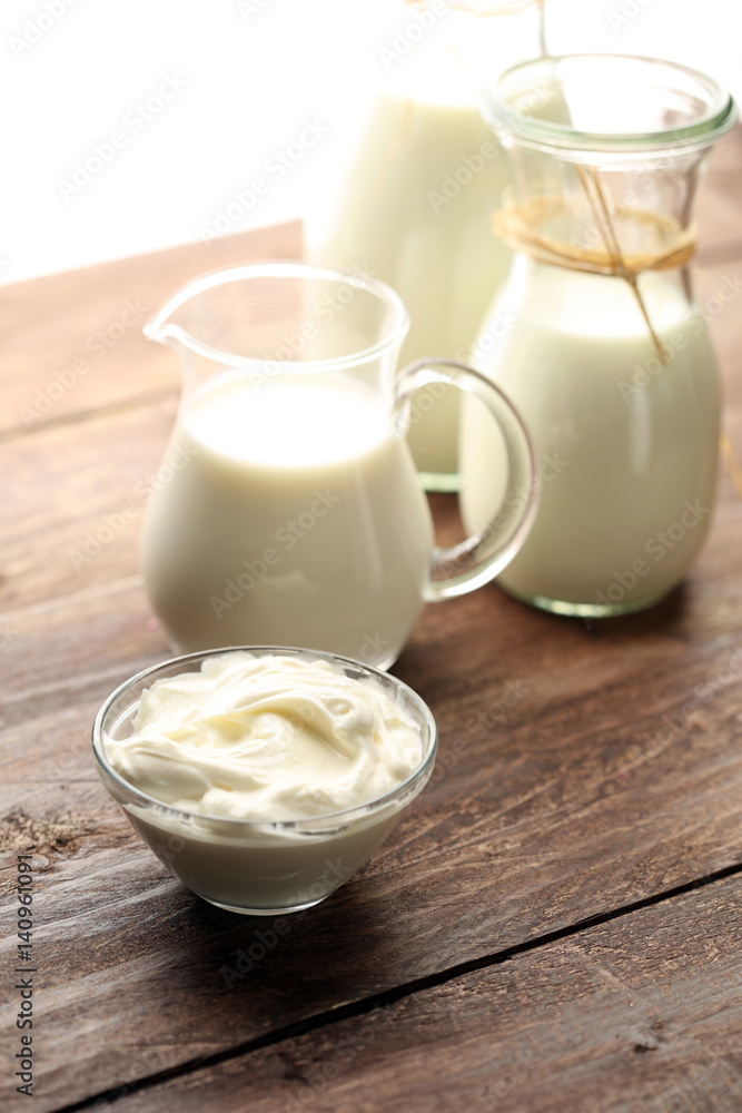 milk products - tasty healthy dairy products on a table on: sour milk products - tasty healthy dairy products on a table on: sour