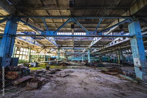 Hall in factory building in abandoned Pripyat city in Chernobyl Exclusion Zone, Ukraine