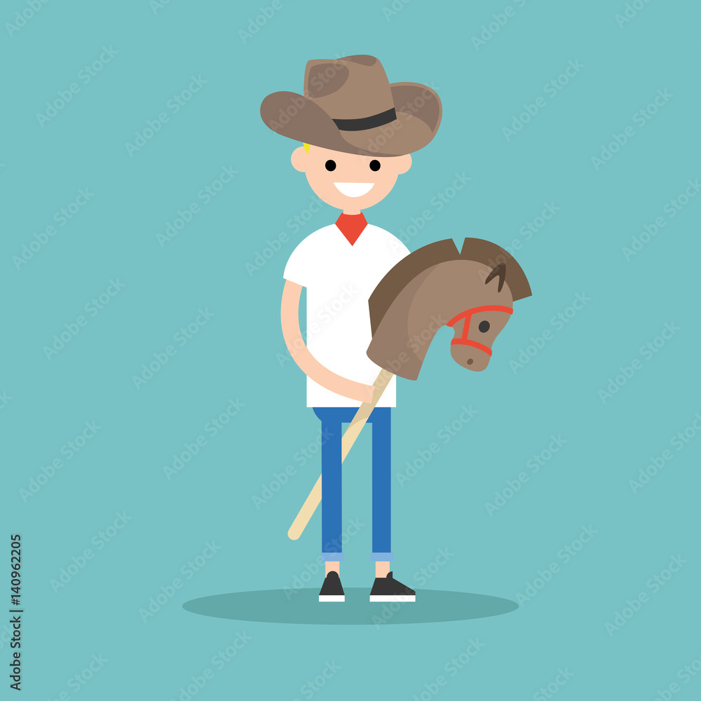 Young blond boy wearing cowboy hat and riding hobbyhorse / flat editable vector illustration