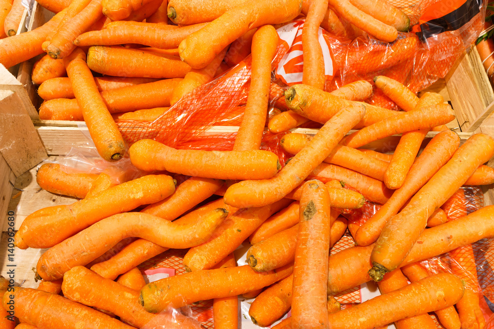 Closeup, pile of many orange carrots