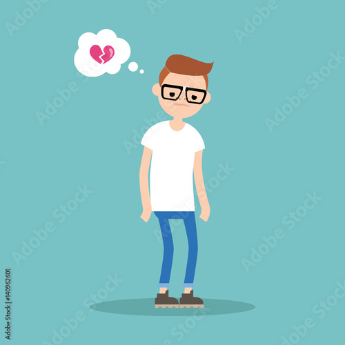 Unrequited love concept: young nerd with a broken heart / editable flat vector illustration