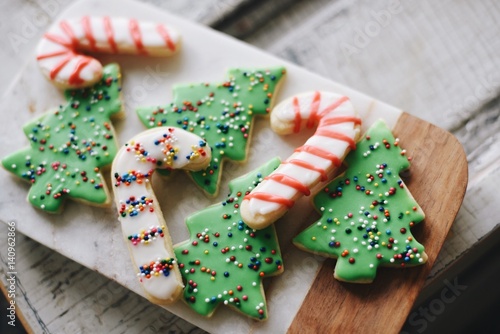 Christmas cookies on wooden board