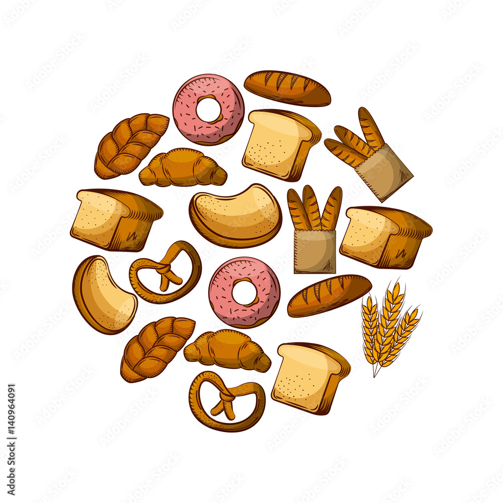 bakery products in circle shape over white background. colorful design ...