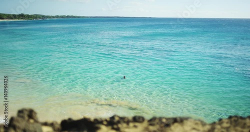 Establishing shot, tropical beach with blue ocean