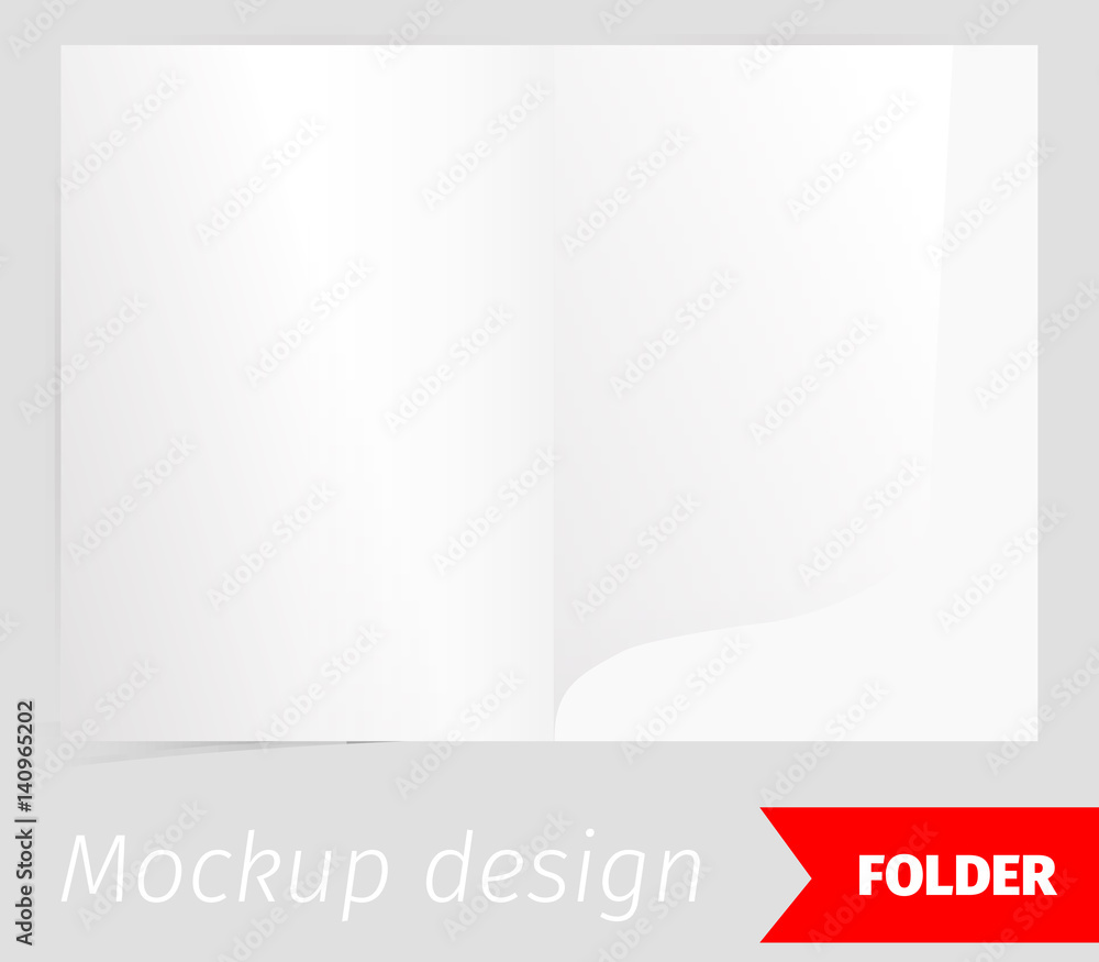 Folder realistic mockup design, blank white paper, realistic rendering, isolated on grey background, copyspace for text, sheet template for menu, booklet or presentation data, vector illustration