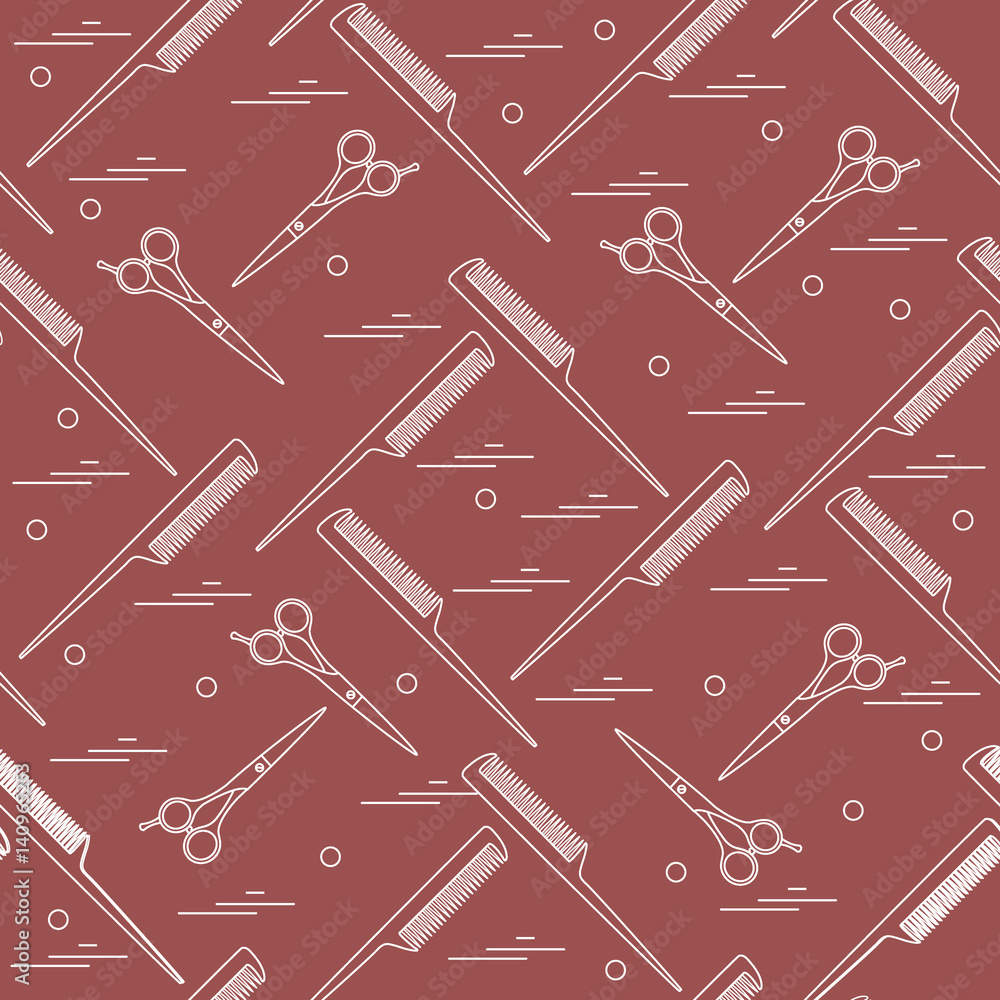 Naklejka premium Cute pattern of scissors for cutting hair and combs.