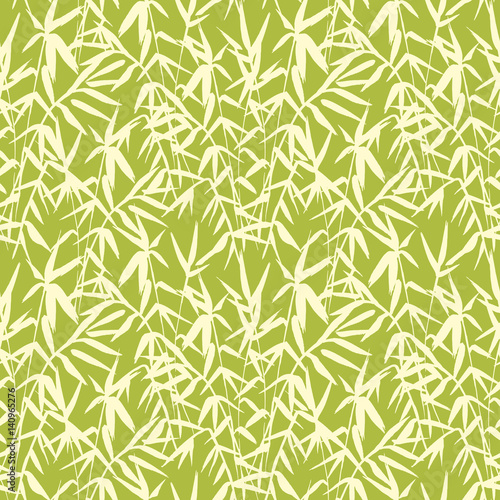 Bamboo seamless pattern on green background in japanese style  light fresh leaves  zen-like realistic design  vector illustration