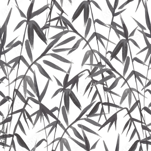 Fototapeta Naklejka Na Ścianę i Meble -  Bamboo seamless pattern on green background in japanese style, light fresh leaves, black and white realistic design, vector illustration
