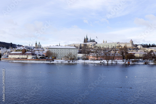 Snowy freeze Prague Lesser Town with gothic Castle, Czech republic