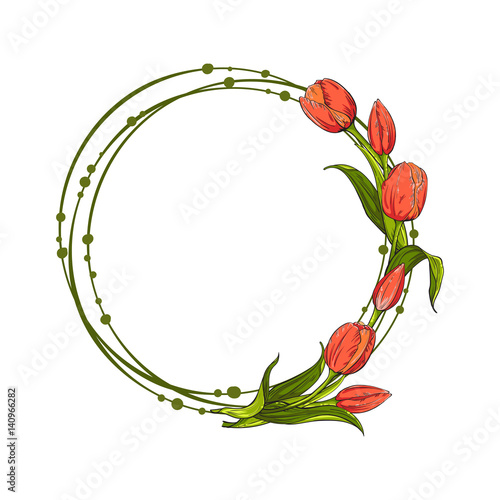 Circle shape of red tulips flowers on white background, template for your design. Vector illustration