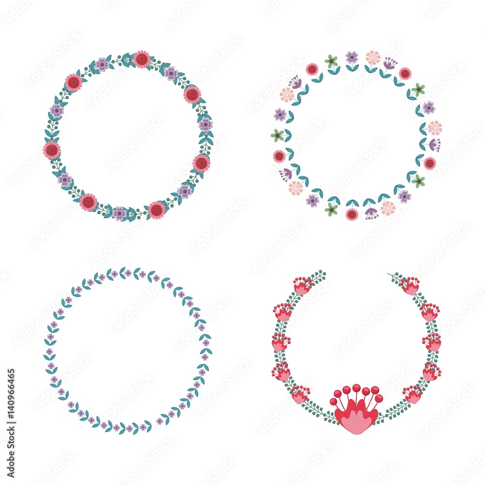 decorative wreaths of flowers over white background. colorful design. vector illustration
