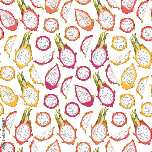 Tropical pattern with dragon fruit.Seamless vector exotic print.Summer textile  texture