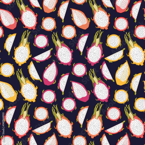 Tropical pattern with dragon fruit.Seamless vector exotic print.Summer textile  texture