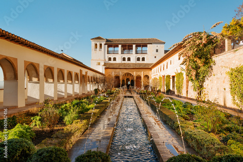 Courtyard and fountains of Generalife palace in Alhambra  Granada  