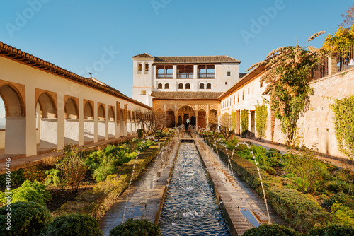 Courtyard and fountains of Generalife palace in Alhambra, Granada
