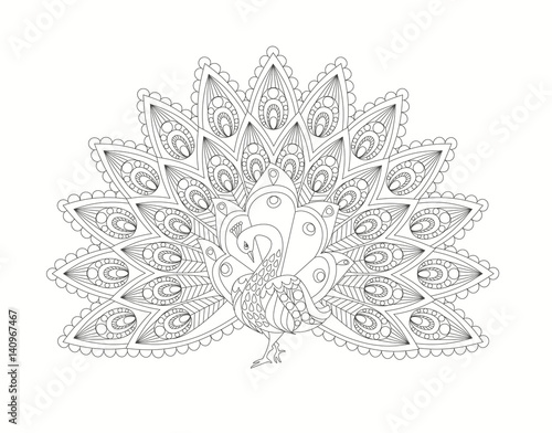 Outline ornamental vintage illustration of peacock isolated on white. Mono color black line art. Coloring book for adult page design. Antistress drawing. Vector illustration