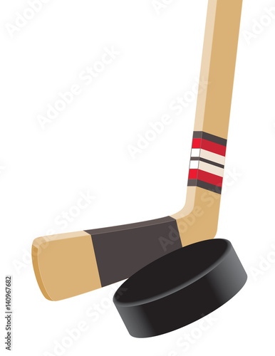 hockey stick and hockey puck close-up isolated on a white background