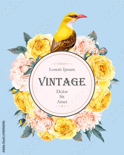 Vintage card with roses and bird