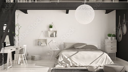Scandinavian minimalist loft bedroom with home office, classic interior design