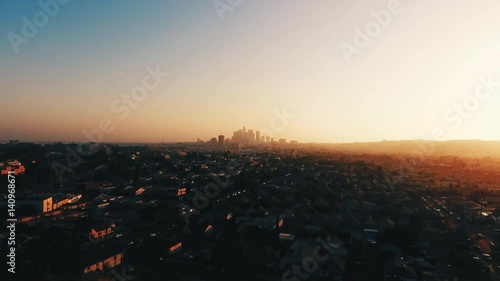 Aerial, California city skyline at sunset