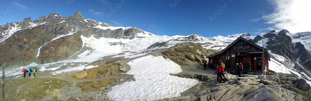 Panoramic View Of  Lac Blanc Refuge, Aiguille du Tour, Aiguille du Chardonnet, Aiguille d Argentiere, Aiguille de l A Neuve And Glacier d Argentiere-France