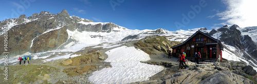 Panoramic View Of  Lac Blanc Refuge, Aiguille du Tour, Aiguille du Chardonnet, Aiguille d Argentiere, Aiguille de l A Neuve And Glacier d Argentiere-France