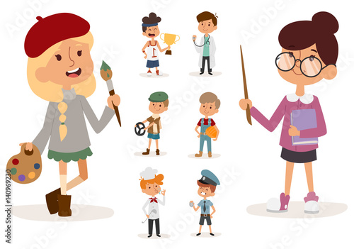 cartoon profession kids children vector set illustration person childhood painter sportsman chef builder policeman doctor artist driver businessman
