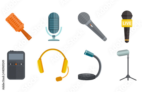 Microphone vector icon isolated interview music TV web vocal tool show voice radio broadcast audio live record studio sound media set headphones set