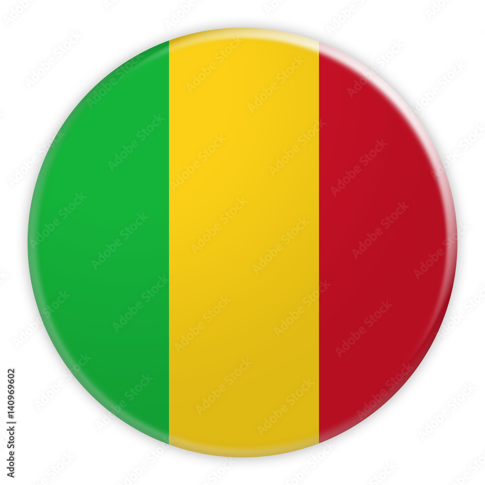 Mali Flag Button, News Concept Badge, 3d illustration on white background Mali Flag Button, News Concept Badge, 3d illustration on white background