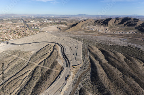 Aerial view of desert suburban construction sprawl in the Summerlin community of Las Vegas, Nevada.