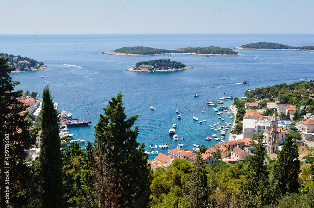 View of the Port of Hvar and the Pakleni Islands from the Fortress of Hvar in Croatia