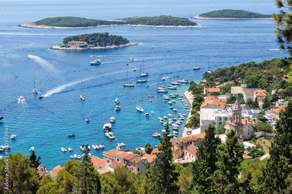 View of the Port of Hvar and the Pakleni Islands from the Fortress of Hvar in Croatia