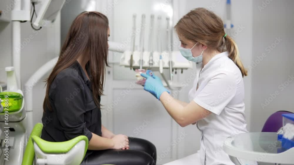 Doctor is holding in hands a dental model closeup. Dentist shows a