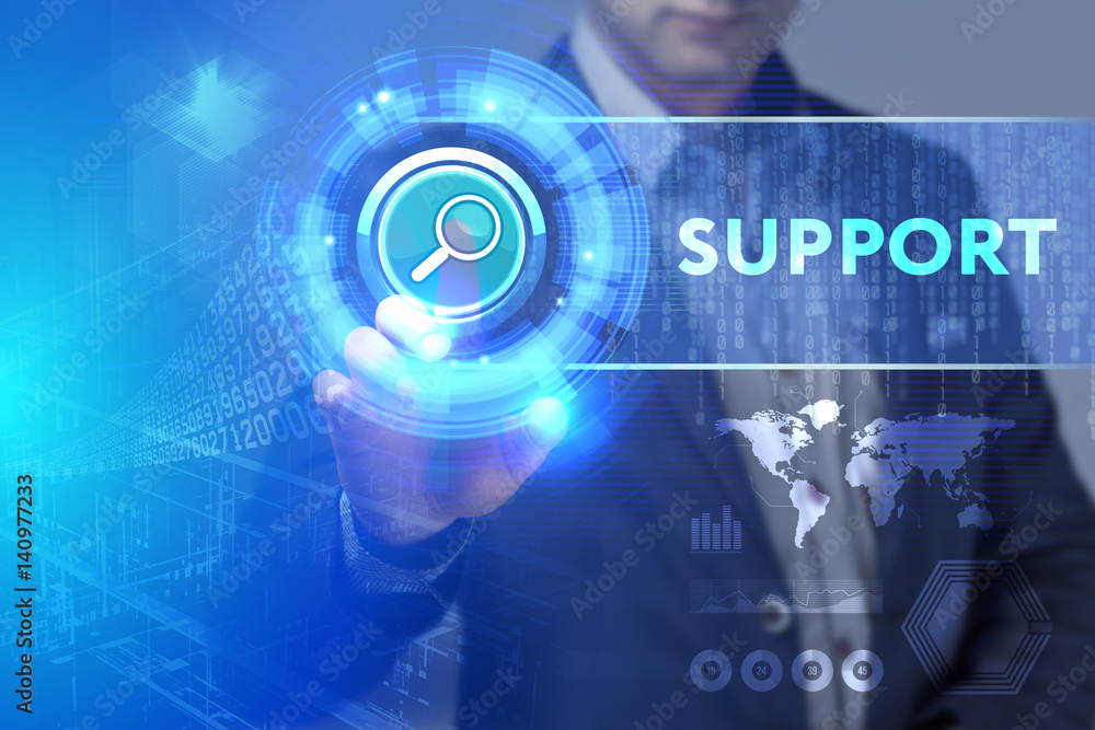 Business, Technology, Internet and network concept. Business man working on the tablet of the future, select on the virtual display: Support Business, Technology, Internet and network concept. Business man working on the tablet of the future, select on the virtual display: Support