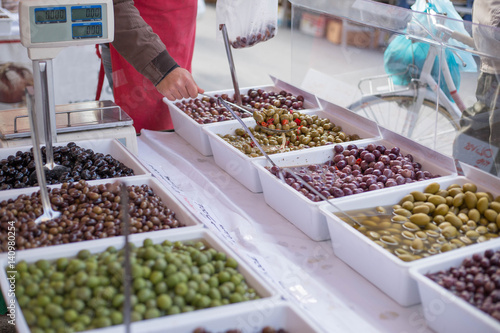 Morning Fresh market in Milan selling variety of preserve olives