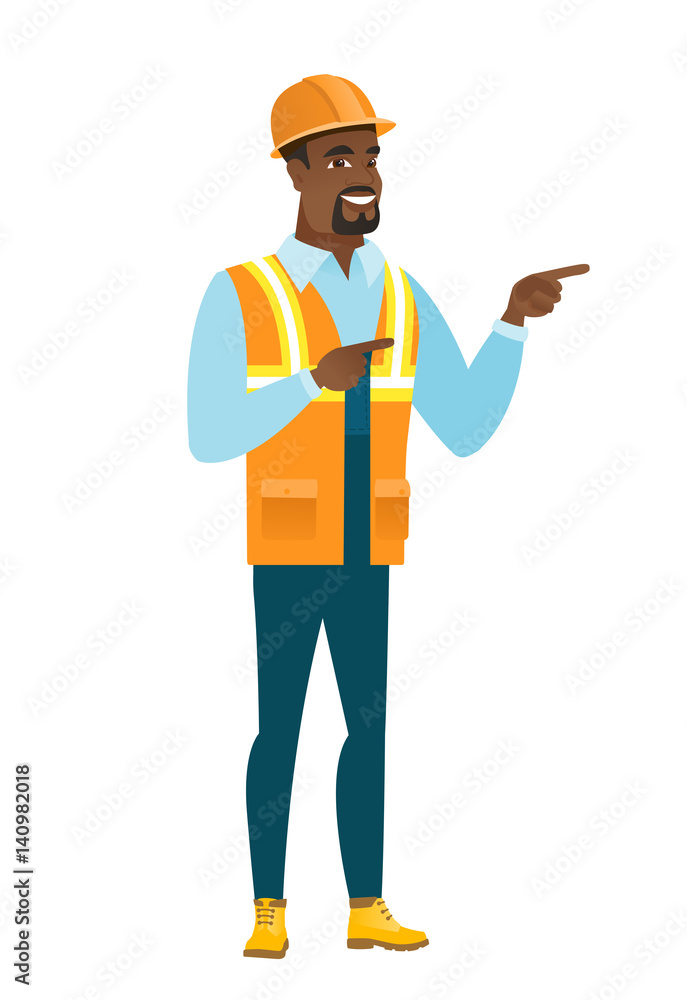 African-american builder pointing to the side. African-american builder pointing to the side.